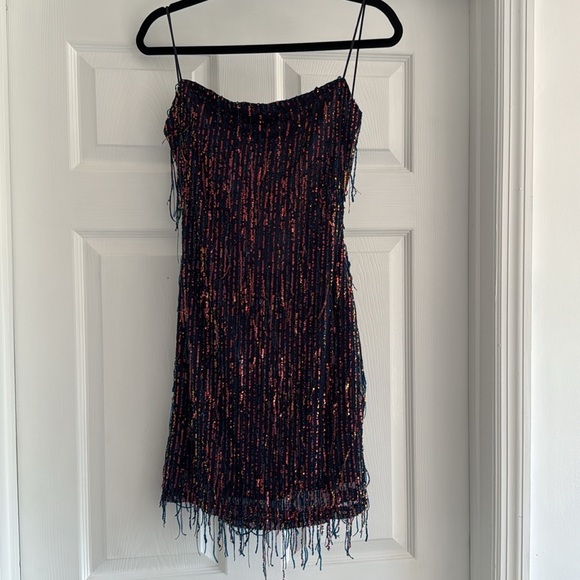 NWT WINDSOR Blue Khloe Sequin Fringe Party Mini Dress L - Picture 3 of 6